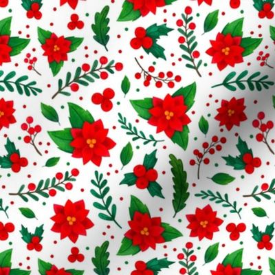 Medium Scale Christmas Red and Green Poinsettia Flowers Holly Berries Mistletoe Floral