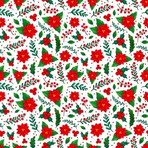 Medium Scale Christmas Red and Green Poinsettia Flowers Holly Berries Mistletoe Floral