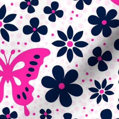 Large Scale Hot Pink Butterflies and Navy Mod Flowers