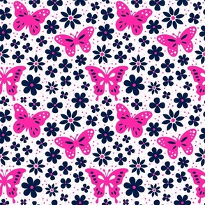 Medium Scale Hot Pink Butterflies and Navy Mod Flowers