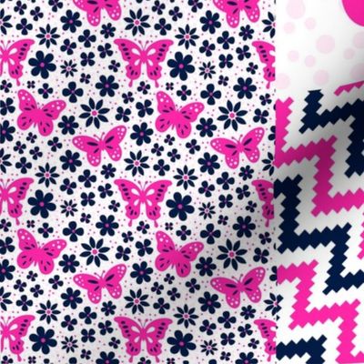 Bigger Scale Patchwork 6" Squares Butterflies and Scandi Flowers in Hot Pink and Navy for Blanket or Cheater Quilt