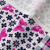 Bigger Scale Patchwork 6" Squares Butterflies and Scandi Flowers in Hot Pink and Navy for Blanket or Cheater Quilt