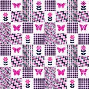 Smaller Scale Patchwork 3" Squares Butterflies and Scandi Flowers in Hot Pink and Navy for Blanket or Cheater Quilt