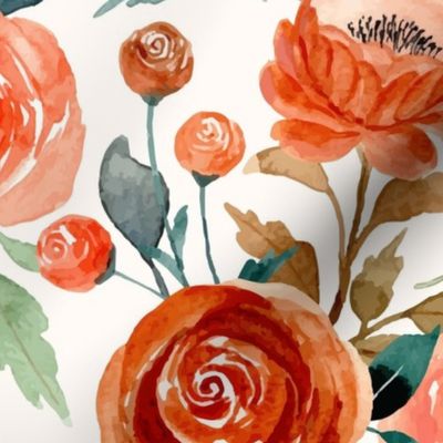 Large Scale Autumn Watercolor Flowers in Rust Burnt Orange and Coral Peach