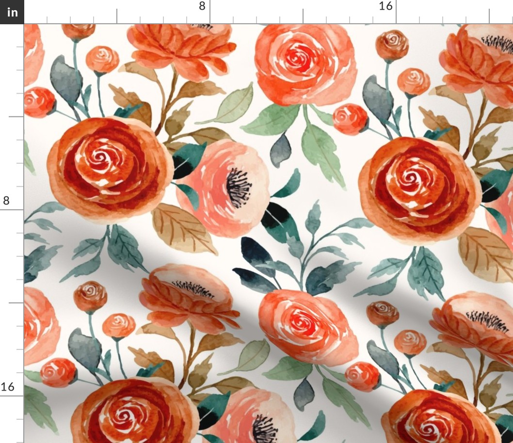 Large Scale Autumn Watercolor Flowers in Rust Burnt Orange and Coral Peach