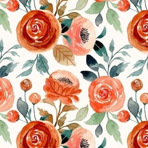 Medium Scale Autumn Watercolor Flowers in Rust Burnt Orange and Coral Peach