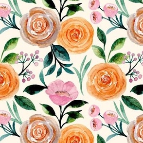 Medium Scale Watercolor Flowers in Peach Tan and Pink