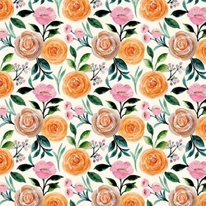 Small Scale Watercolor Flowers in Peach Tan and Pink