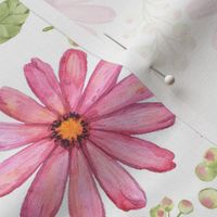 Bigger Scale Watercolor Daisy Flowers in Pink with Purple Thistle