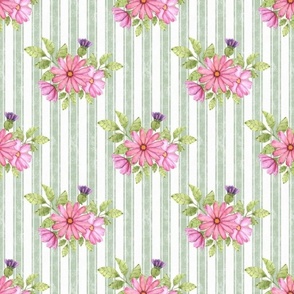Medium Scale Watercolor Daisy Flowers in Pink with Purple Thistle on  Sage Green Distressed French Ticking