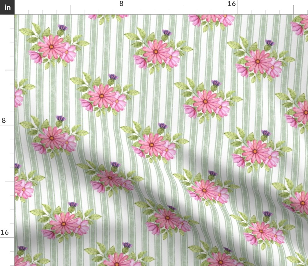 Medium Scale Watercolor Daisy Flowers in Pink with Purple Thistle on  Sage Green Distressed French Ticking