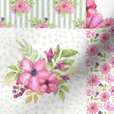 Bigger Scale Patchwork 6" Squares World's Best Mom Pink and Green Watercolor Flowers for Blanket or Cheater Quilt
