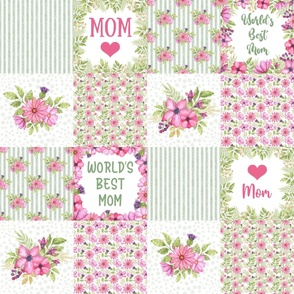 Bigger Scale Patchwork 6" Squares World's Best Mom Pink and Green Watercolor Flowers for Blanket or Cheater Quilt
