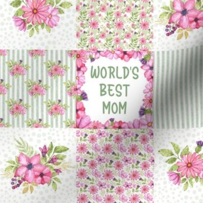 Smaller Scale Patchwork 3" Squares World's Best Mom Pink and Green Watercolor Flowers for Blanket or Cheater Quilt