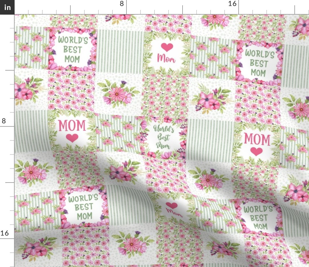Smaller Scale Patchwork 3" Squares World's Best Mom Pink and Green Watercolor Flowers for Blanket or Cheater Quilt