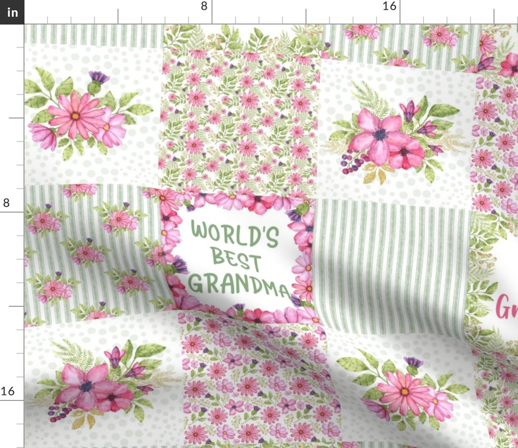 Bigger Scale Patchwork 6" Squares World's Best Grandma for Blanket or Cheater Quilt