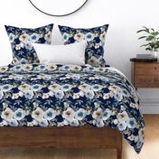 Large Scale Watercolor Flowers in Dusty Blue on Navy