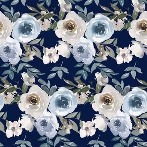 Large Scale Watercolor Flowers in Dusty Blue on Navy