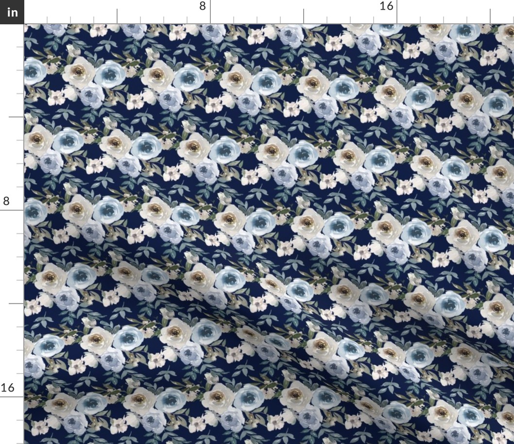 Small Scale Watercolor Flowers in Dusty Blue on Navy