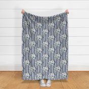 Large Scale Watercolor Flowers in Dusty Blue on Navy French Ticking Stripes