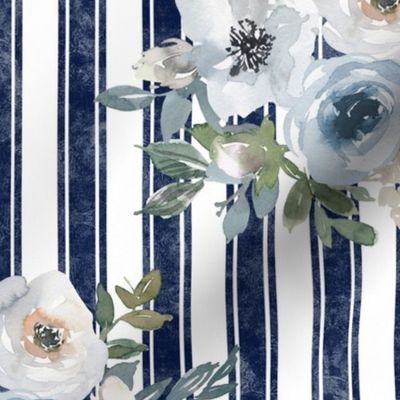 Large Scale Watercolor Flowers in Dusty Blue on Navy French Ticking Stripes