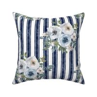 Large Scale Watercolor Flowers in Dusty Blue on Navy French Ticking Stripes