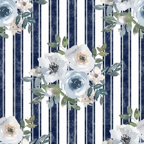 Large Scale Watercolor Flowers in Dusty Blue on Navy French Ticking Stripes