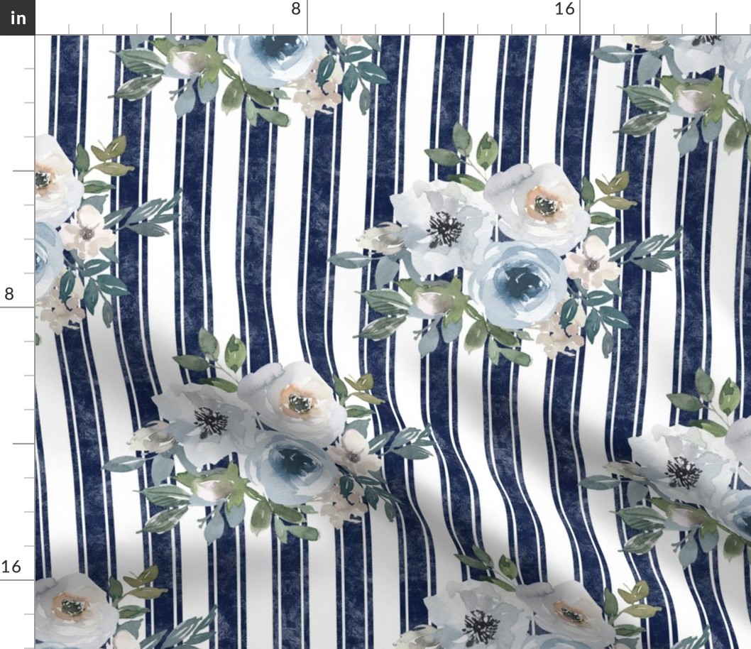 Large Scale Watercolor Flowers in Dusty Blue on Navy French Ticking Stripes