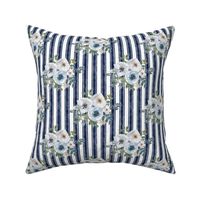 Medium Scale Watercolor Flowers in Dusty Blue on Navy French Ticking Stripes