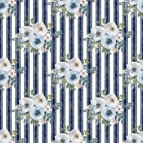 Medium Scale Watercolor Flowers in Dusty Blue on Navy French Ticking Stripes