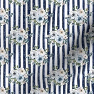 Small Scale Watercolor Flowers in Dusty Blue on Navy French Ticking Stripes