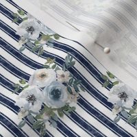 Small Scale Watercolor Flowers in Dusty Blue on Navy French Ticking Stripes