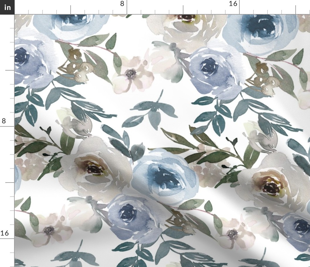 Large Scale Watercolor Flowers in Dusty Blue and Grey