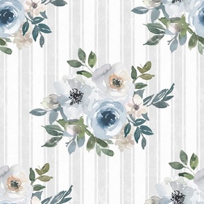 Large Scale Watercolor Flowers in Dusty Blue on Soft Grey French TIcking Stripes