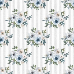 Medium Scale Watercolor Flowers in Dusty Blue on Soft Grey French TIcking Stripes