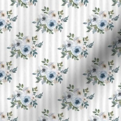 Small Scale Watercolor Flowers in Dusty Blue on Soft Grey French TIcking Stripes