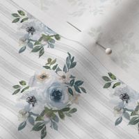 Small Scale Watercolor Flowers in Dusty Blue on Soft Grey French TIcking Stripes