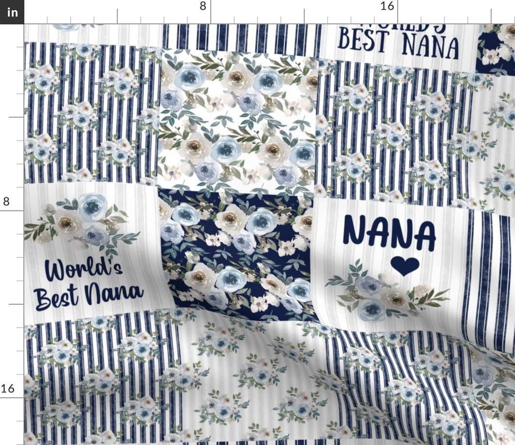 Bigger Scale Patchwork 6" Squares World's Best Nana in Dusty Blue and Navy for Blanket or Cheater Quilt
