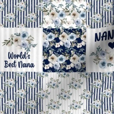 Smaller Scale Patchwork 3" Squares World's Best Nana in Dusty Blue and Navy for Blanket or Cheater Quilt