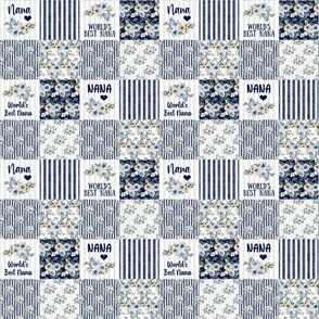Smaller Scale Patchwork 3" Squares World's Best Nana in Dusty Blue and Navy for Blanket or Cheater Quilt