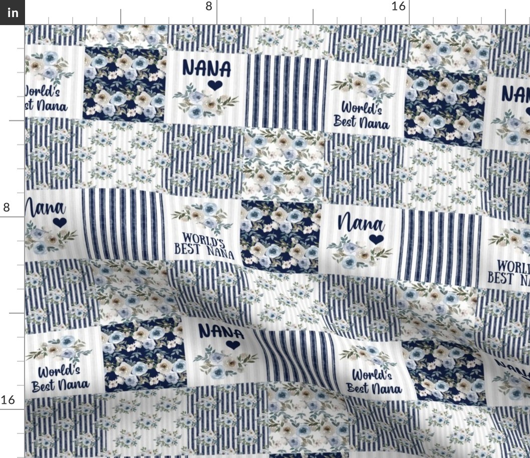Smaller Scale Patchwork 3" Squares World's Best Nana in Dusty Blue and Navy for Blanket or Cheater Quilt