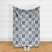 Bigger Scale Patchwork 6" Squares World's Best Grandma in Dusty Blue and Navy for Blanket or Cheater Quilt