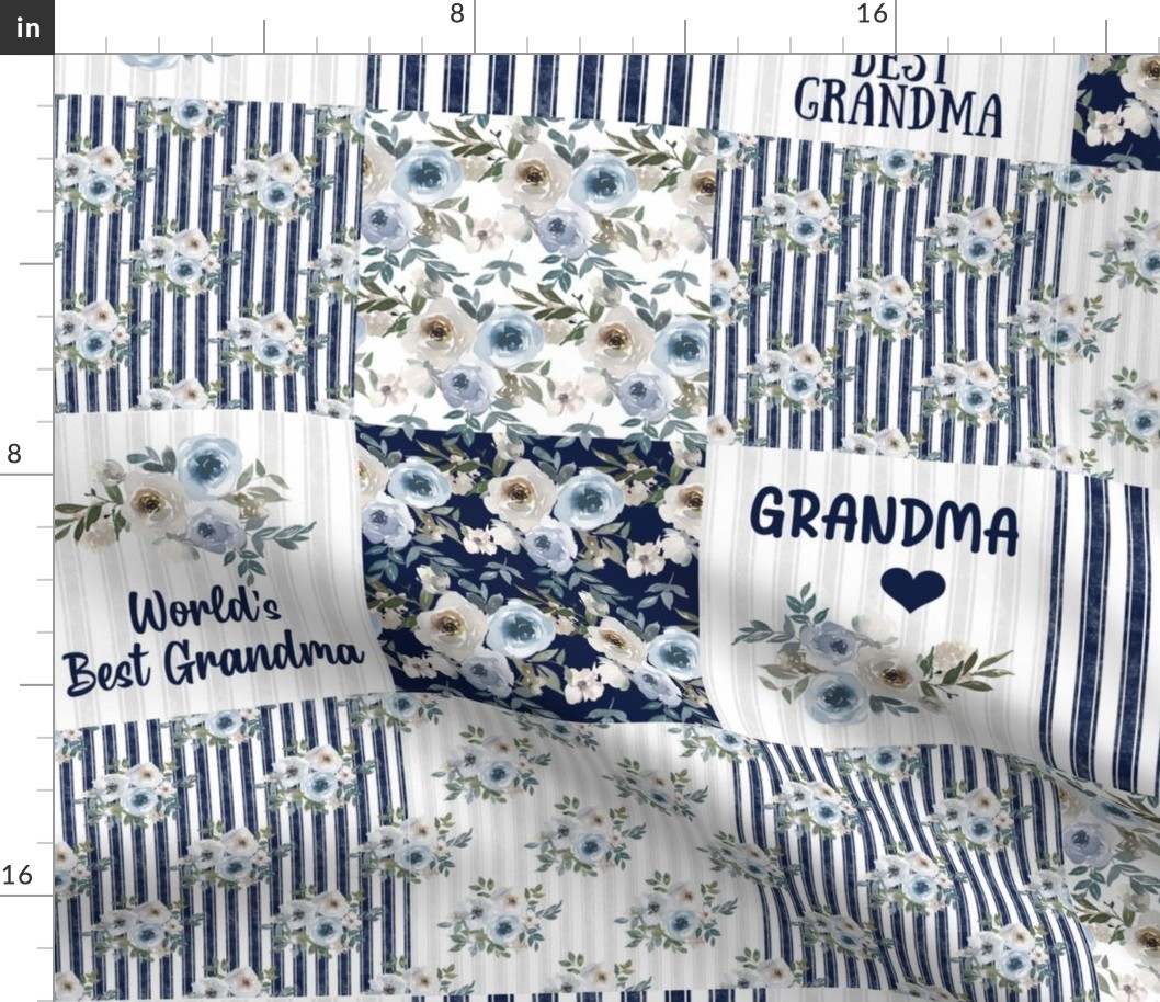 Bigger Scale Patchwork 6" Squares World's Best Grandma in Dusty Blue and Navy for Blanket or Cheater Quilt