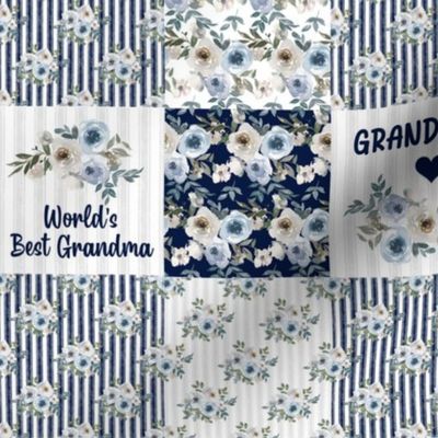 Smaller Scale Patchwork 3" Squares World's Best Grandma in Dusty Blue and Navy for Blanket or Cheater Quilt