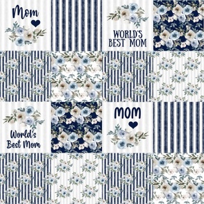 Bigger Scale Patchwork 6" Squares World's Best Mom in Dusty Blue and Navy for Blanket or Cheater Quilt