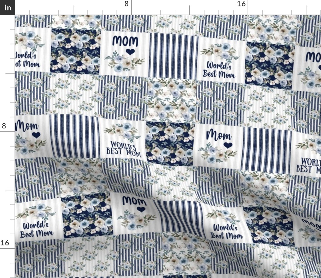 Smaller Scale Patchwork 3" Squares World's Best Mom in Dusty Blue and Navy for Blanket or Cheater Quilt