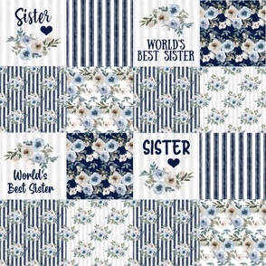 Bigger Scale Patchwork 6" Squares World's Best Sister in Dusty Blue and Navy for Blanket or Cheater Quilt