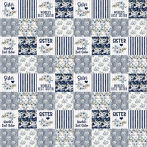 Smaller Scale Patchwork 3" Squares World's Best Sister in Dusty Blue and Navy for Blanket or Cheater Quilt