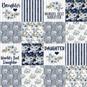 Bigger Scale Patchwork 6" Squares World's Best Daughter in Dusty Blue and Navy for Blanket or Cheater Quilt