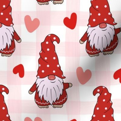 Large Scale Valentine Gnomes and Hearts on Pale Pink Watercolor Gingham Checker